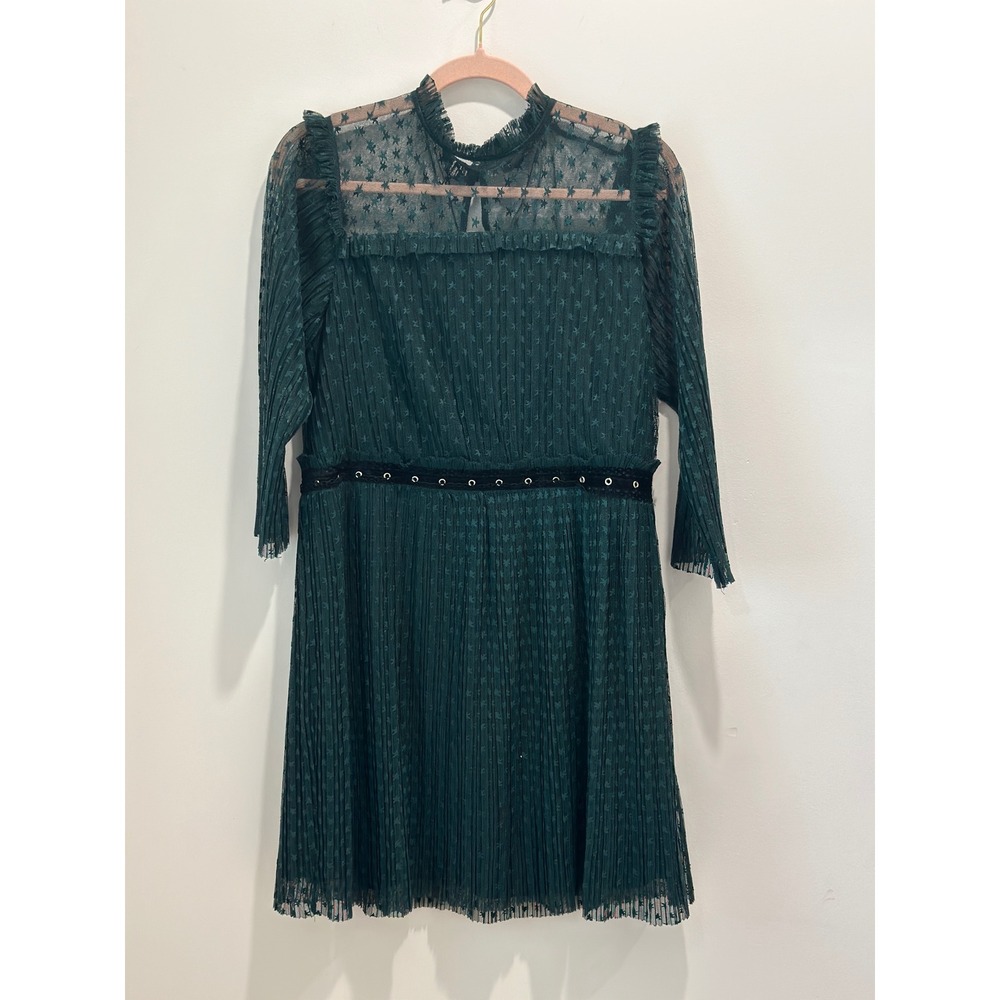 Topshop Green Pleated Star Mesh Mini Dress Grommet Waist Ruffle Neck US 10